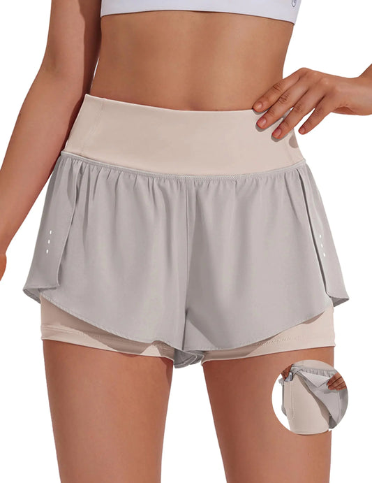 PINSPARK Shorts with Liner Women Running Shorts with Biker Shorts Underneath Athletic Short for Workout Light Gray M