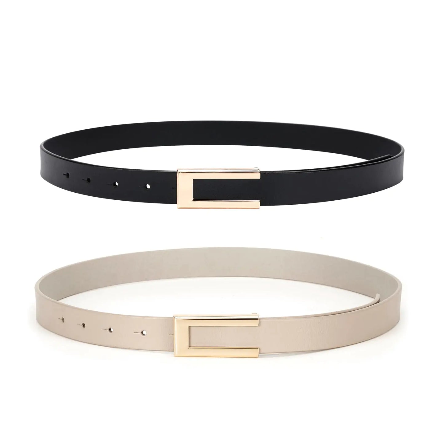 gingokuo Womens Leather Belt for Pants Jeans Fashion Dresses Gold Buckle Skinny Belts for Ladies 2 Pack Black+Beige 26