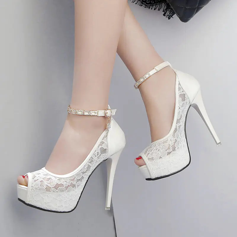 12CM High Heel Lace Peep Toe Sandals for Daily Wear
