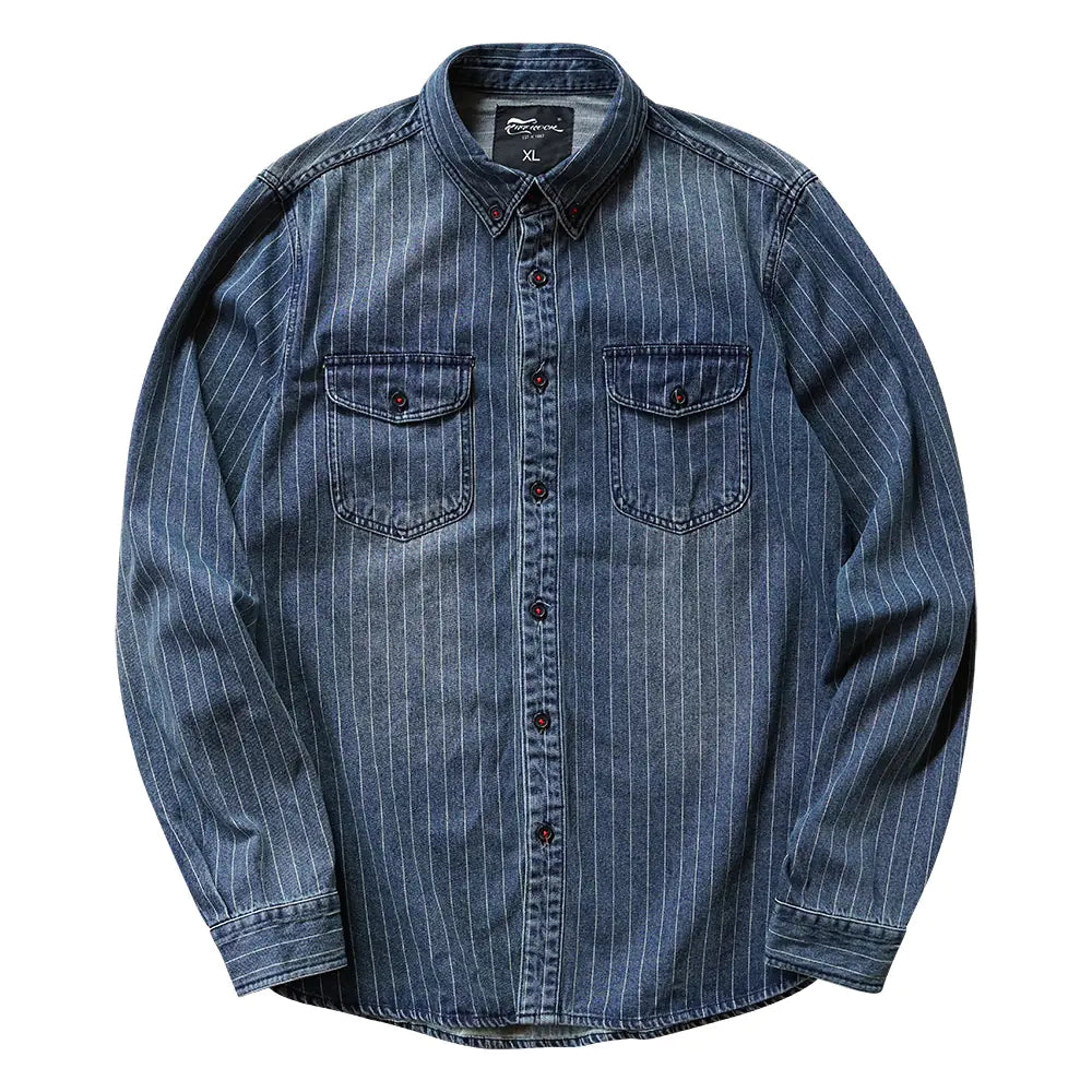Retro Striped Denim Shirt - Long Sleeve Casual Coat