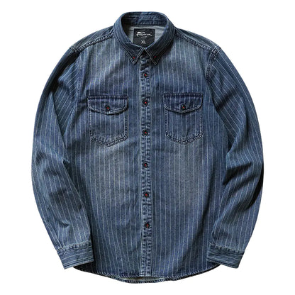 Retro Striped Denim Shirt - Long Sleeve Casual Coat