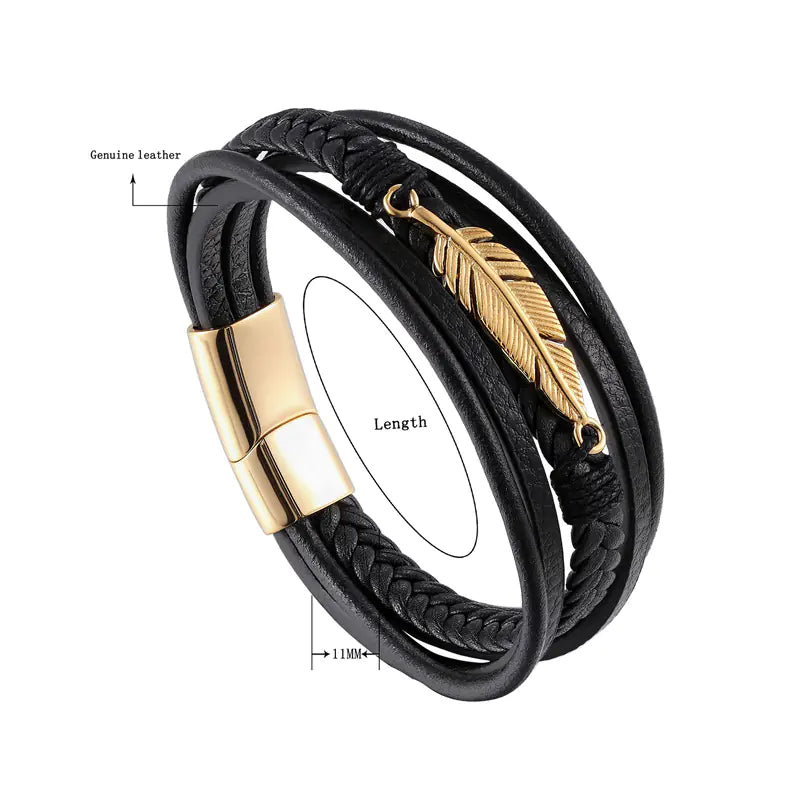 Angel Wing Leather Bracelet & Stainless Steel Leaf Bracelet