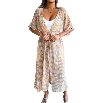 Women's Casual Printed Chiffon Cardigan with Lace-up