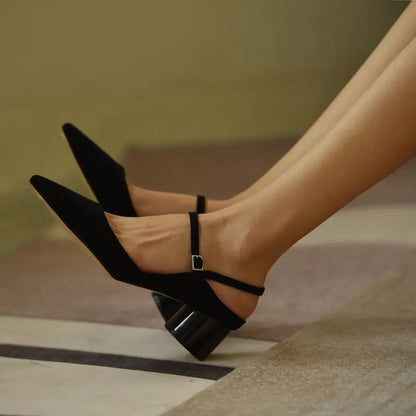 Black Pointed Toe Mid-Heel Mary Jane Women's Shoes