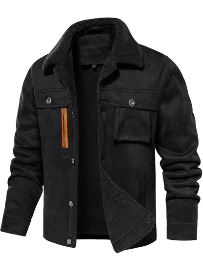 FANARCHER Men’s Casual Winter Jackets Faux Suede Leather Sherpa Jackets Warm Fleece Lined Turn-Down Coat with 5 Pockets