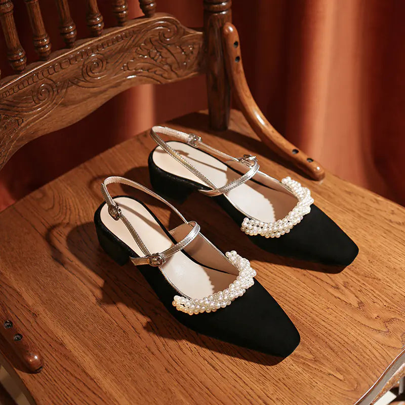 Vintage French Pearl Mid-Heel Mary Jane Shoes for Women