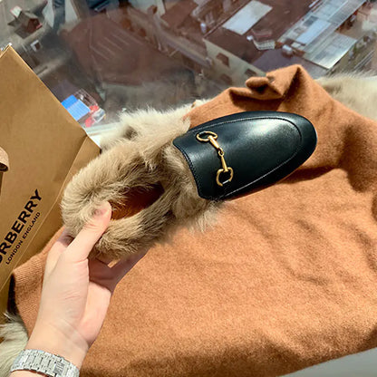 Fuzzy Flat Mule Shoes for Women - 2023 Autumn/Winter