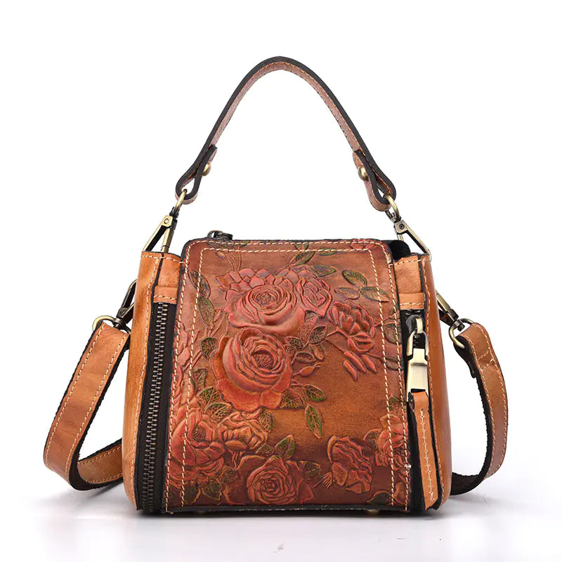 Stylish Vintage Leather Handbag with Floral Design