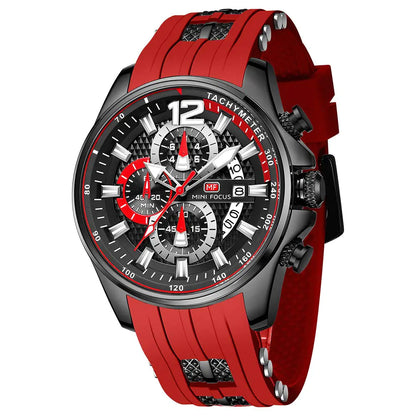 Mini Focus Men Watch Casual Fashion Wrist Watches (Chronograph/Waterproof/Luminous/Calendar) Silicon Band Quartz Watches for Men (Red-Black)