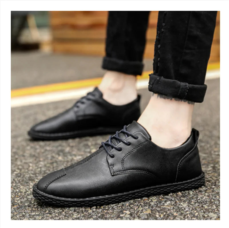 Men's All-Black Leather Waterproof Slip-Resistant Shoes