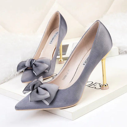 Stylish Satin Pointed Toe High Heels with Bow