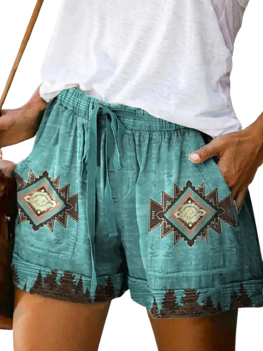 Aztec Shorts for Women Casual Elastic Waist Western Ethnic Print Shorts Drawstring Beach Shorts with Pockets (color1XXL)