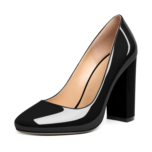 SAMMITOP Womens Slip On Closed Round Toe Pumps Block High Heel Pumps Shoes 4 Inch Slip On Block Heels Dress Shoes for Women Size Black 9.5 US M