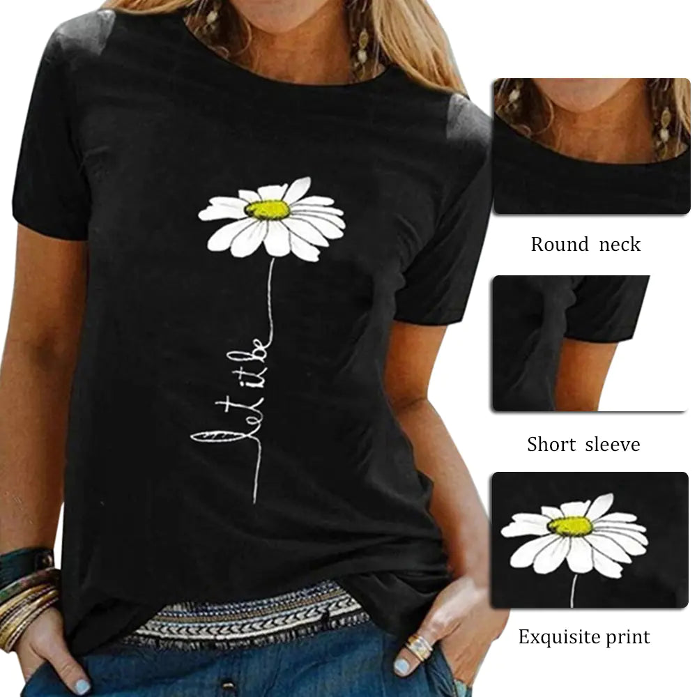 Embroidered Round Neck Chrysanthemum Print T-Shirt