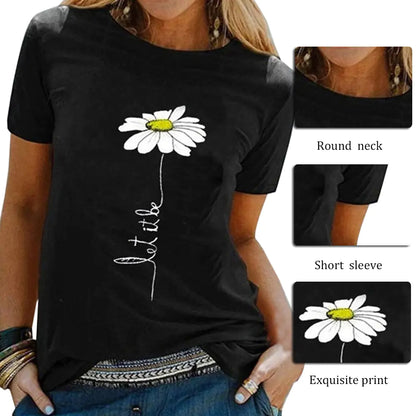 Embroidered Round Neck Chrysanthemum Print T-Shirt