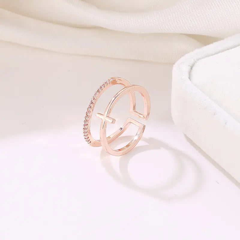 Rose Gold Cross Layered Open Ring with Gold Plating