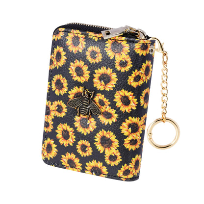 Gostwo Rfid Credit Card Holder for Women Small Card Sunflower Wallets for Women with Removable Keychain mini Zip Pocket