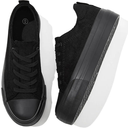 Adokoo סניקרס פלטפורמה לנשים נעלי סניקרס קורדרוי לבנות לנשים שחורות נמוכות עם שרוכים נעלי הליכה אופנתיות קז'ואל (שחור מלא US9.5)