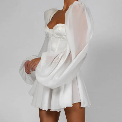 Chiffon Dress, Bodycon Dress, Lantern Sleeve Dress, White Dress
