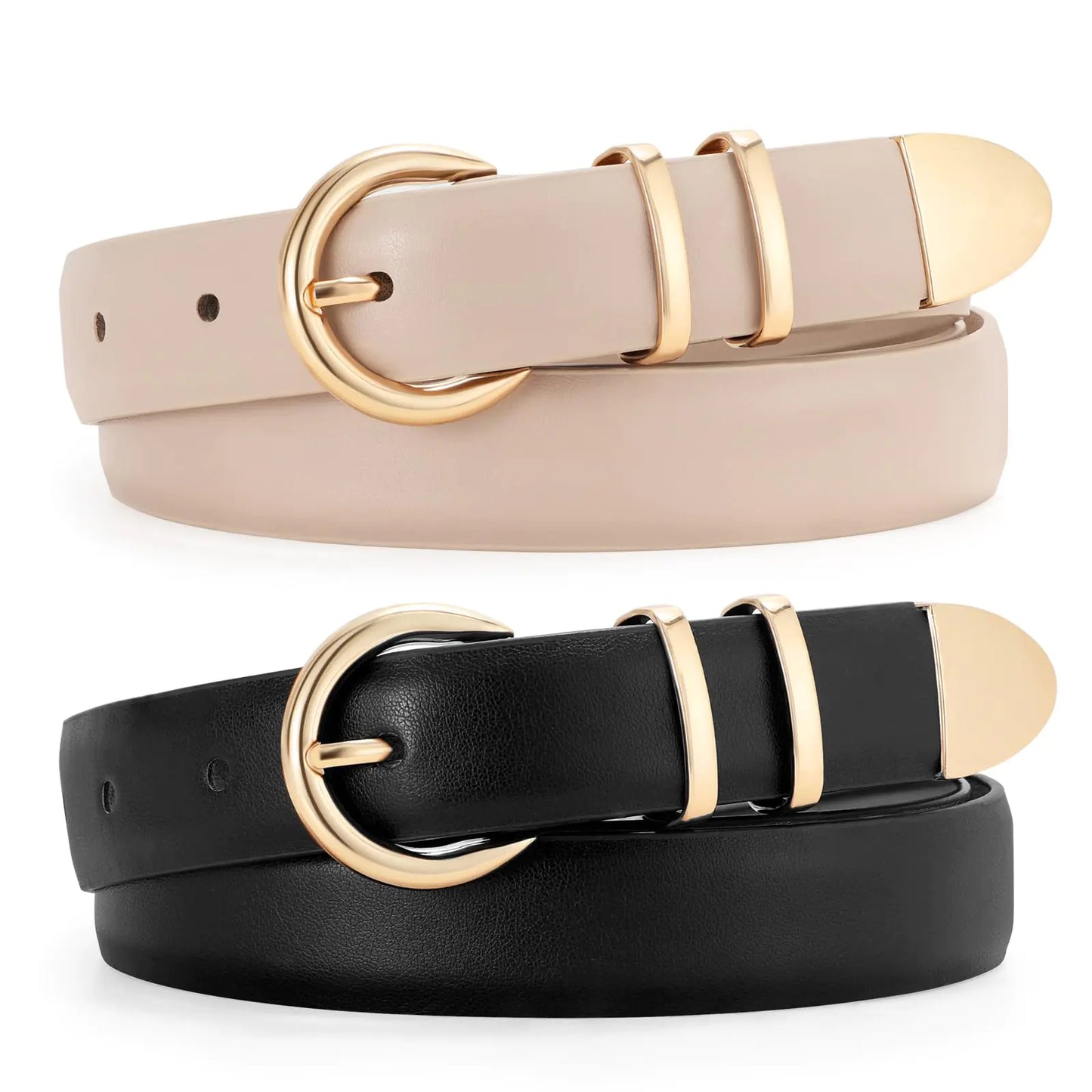 JASGOOD 2 Pack Womens Leather Belts with Gold Buckle Fashion Leather Waist Belt Elegant Ladies Belts for Jeans DressBlack+Light Beige