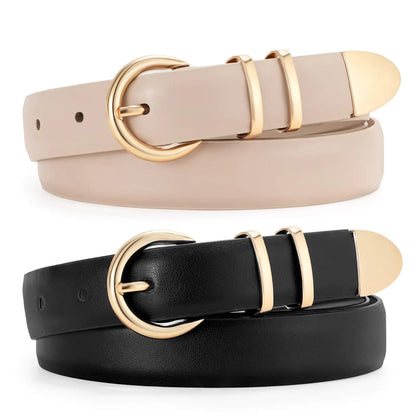 JASGOOD 2 Pack Womens Leather Belts with Gold Buckle Fashion Leather Waist Belt Elegant Ladies Belts for Jeans DressBlack+Light Beige