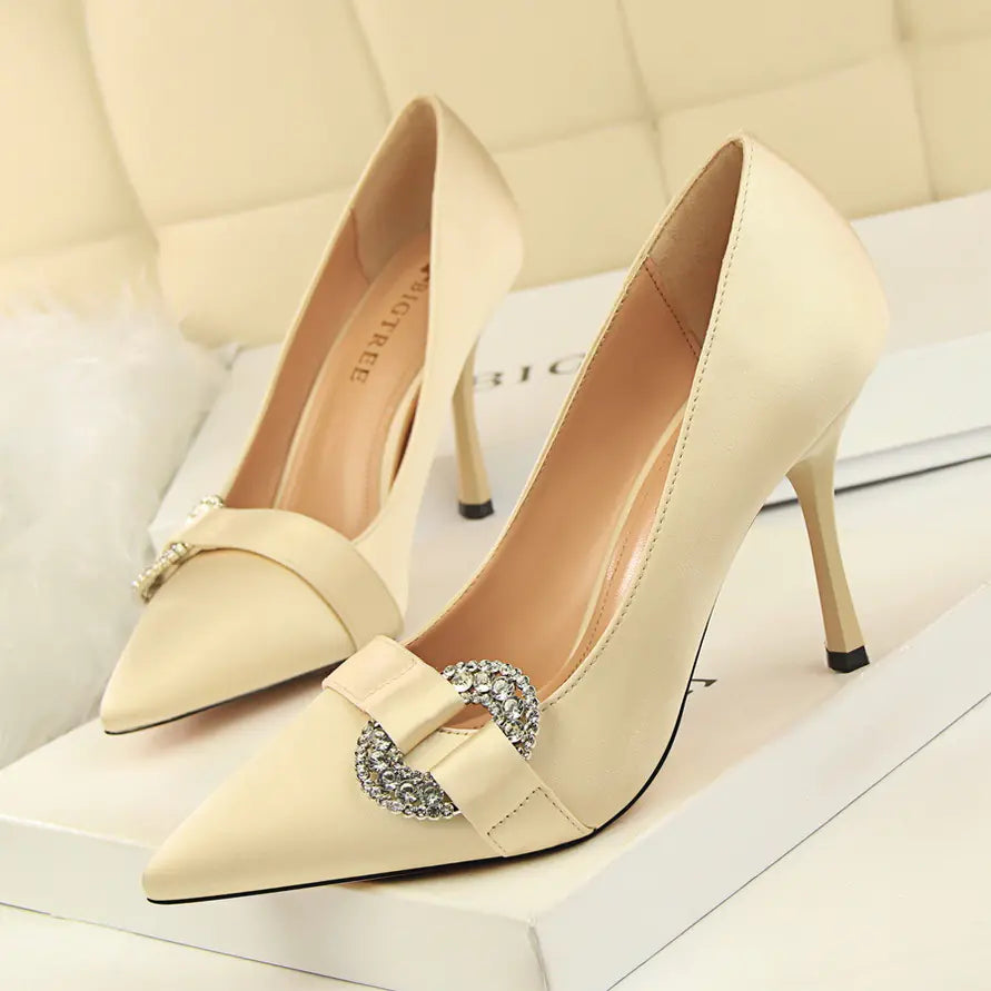 Satin Pointed Toe High Heel Shoes with Rhinestone Buckle