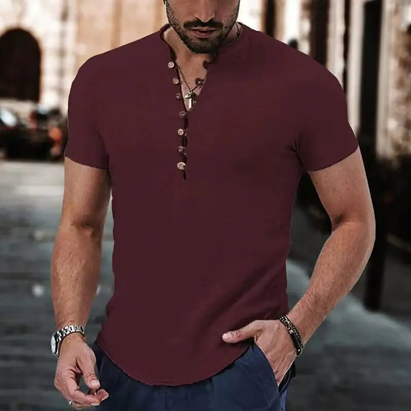 2023 Men's Linen Casual Shirt - Simple V-Neck Summer Wear