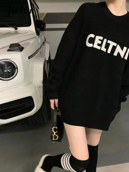 Jielur Vintage O-neck Letter Printed Hoodies for Women