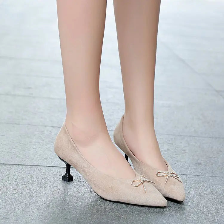 Vintage Velvet Bow High Heel Shoes with Pointed Toe