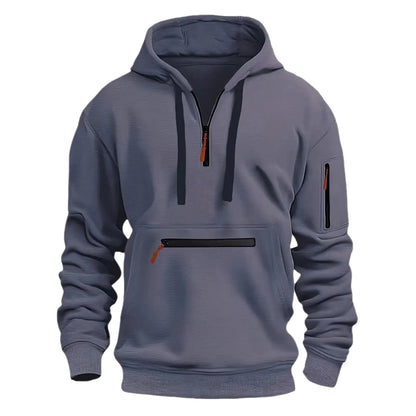 Quarter Zip Hooded Pullovers for Men Fall Big and Tall Casual Sweatshirt Vintage Workout Running Active Jackets Multi-Zip Arm Pockets Tops(A-Dark GrayX-Large)