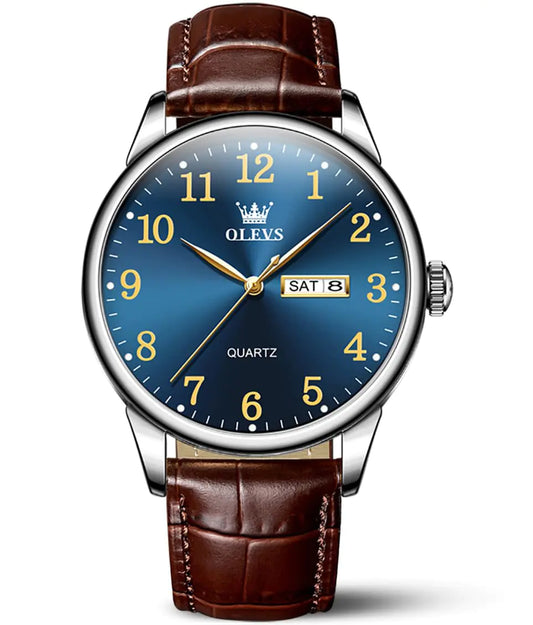 OLEVS Brown Watches for Men Blue Big Dial Leather Analog Mens Watch Casual Luminous Easy Reader Watches for Elderly Three Hands Dress Watch Day and Date Impermeable Male Watch