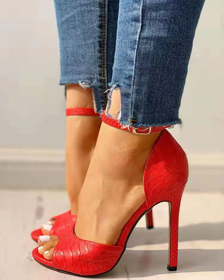 Fashionable High Heels with Snake Print and Buckle