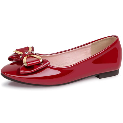 Red Flats Shoes for Women Leather Round Toe Cute Bow Ballet Flats Dress Shoes Comfort Slip on Flat Shoe Size 8