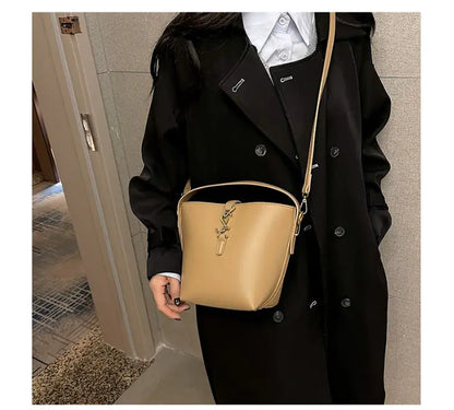 Synthetic Leather Zipper Bucket Shoulder Bag
