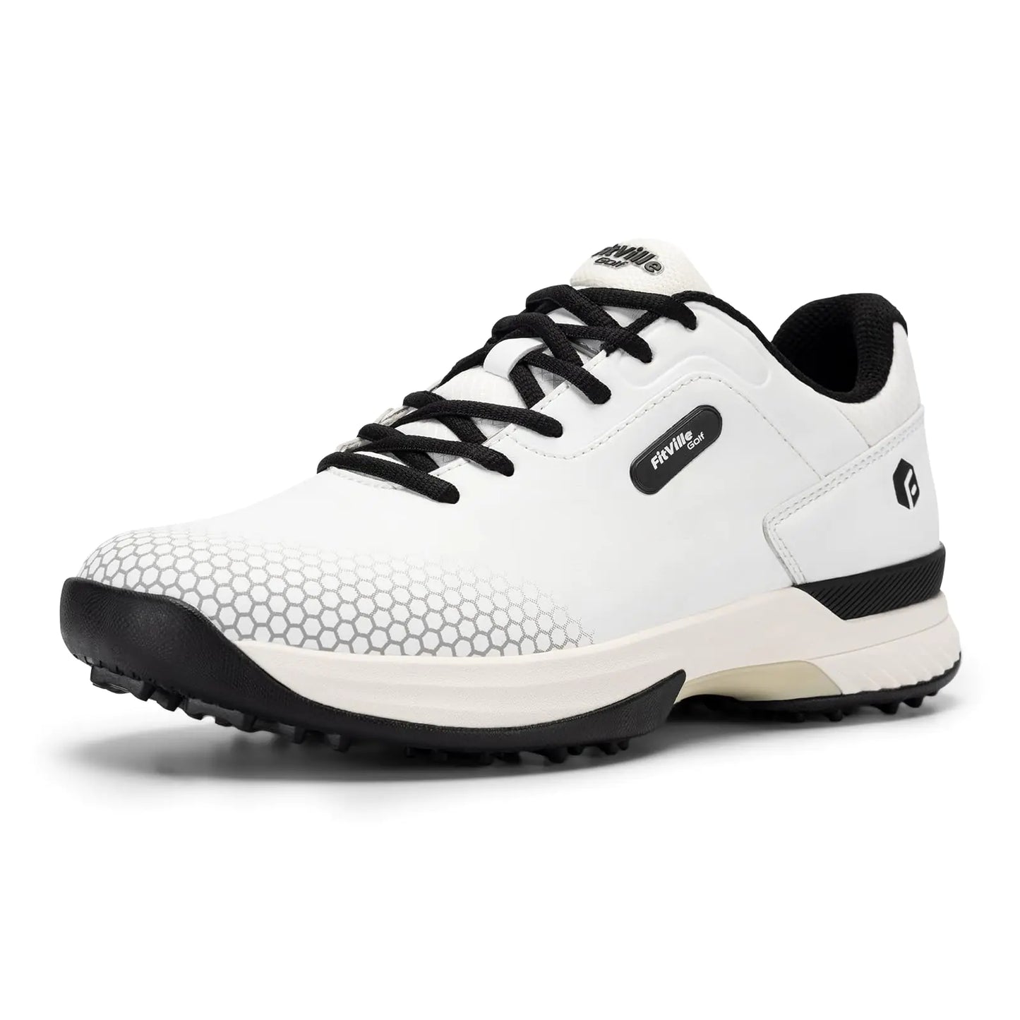 FitVille Extra Wide Mens Golf Shoes Professional Outdoor Waterproof Spiked Golf Shoes for Men(White Black 9 X-Wide)