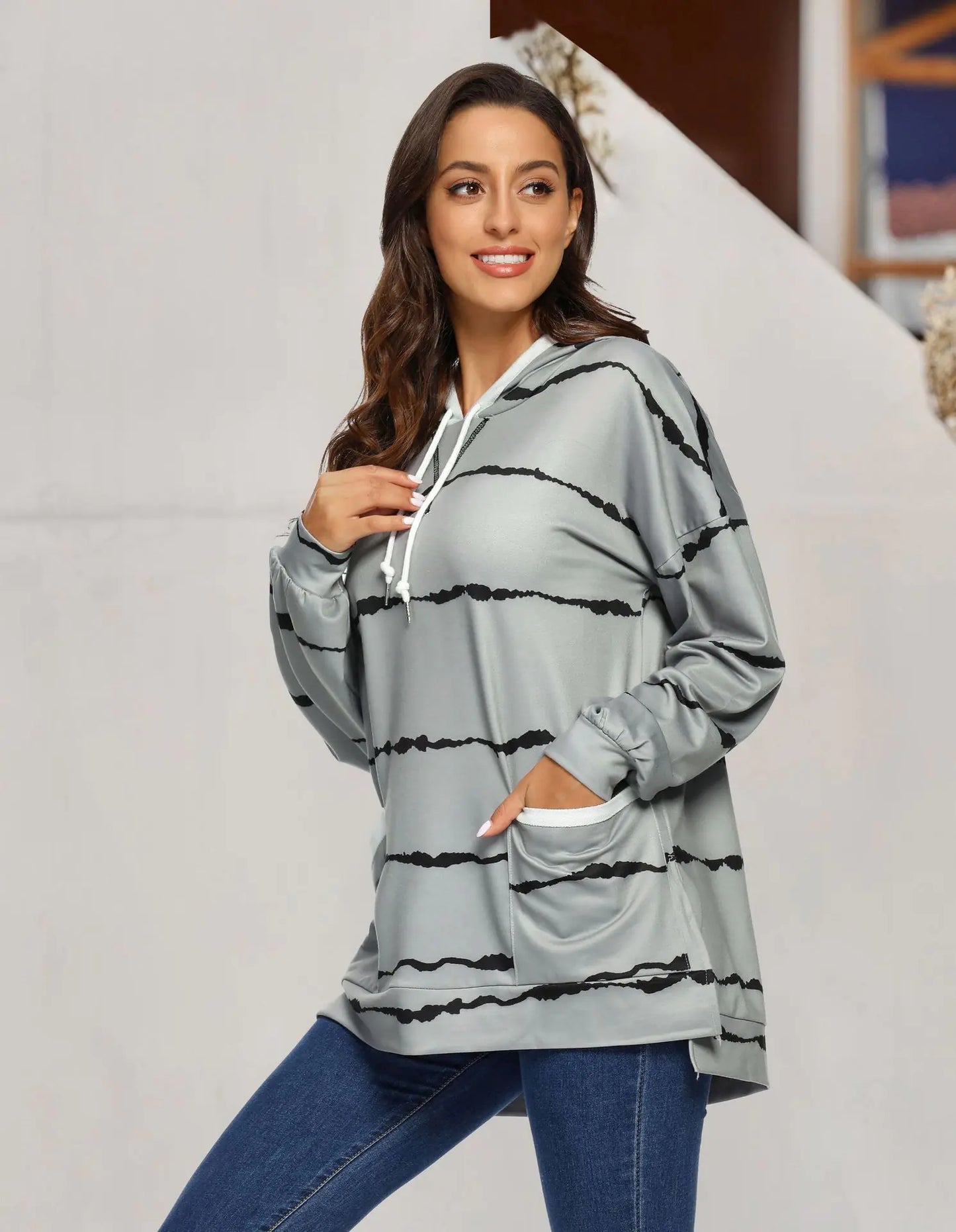 Women's Hooded Striped Long Sleeve Sweater