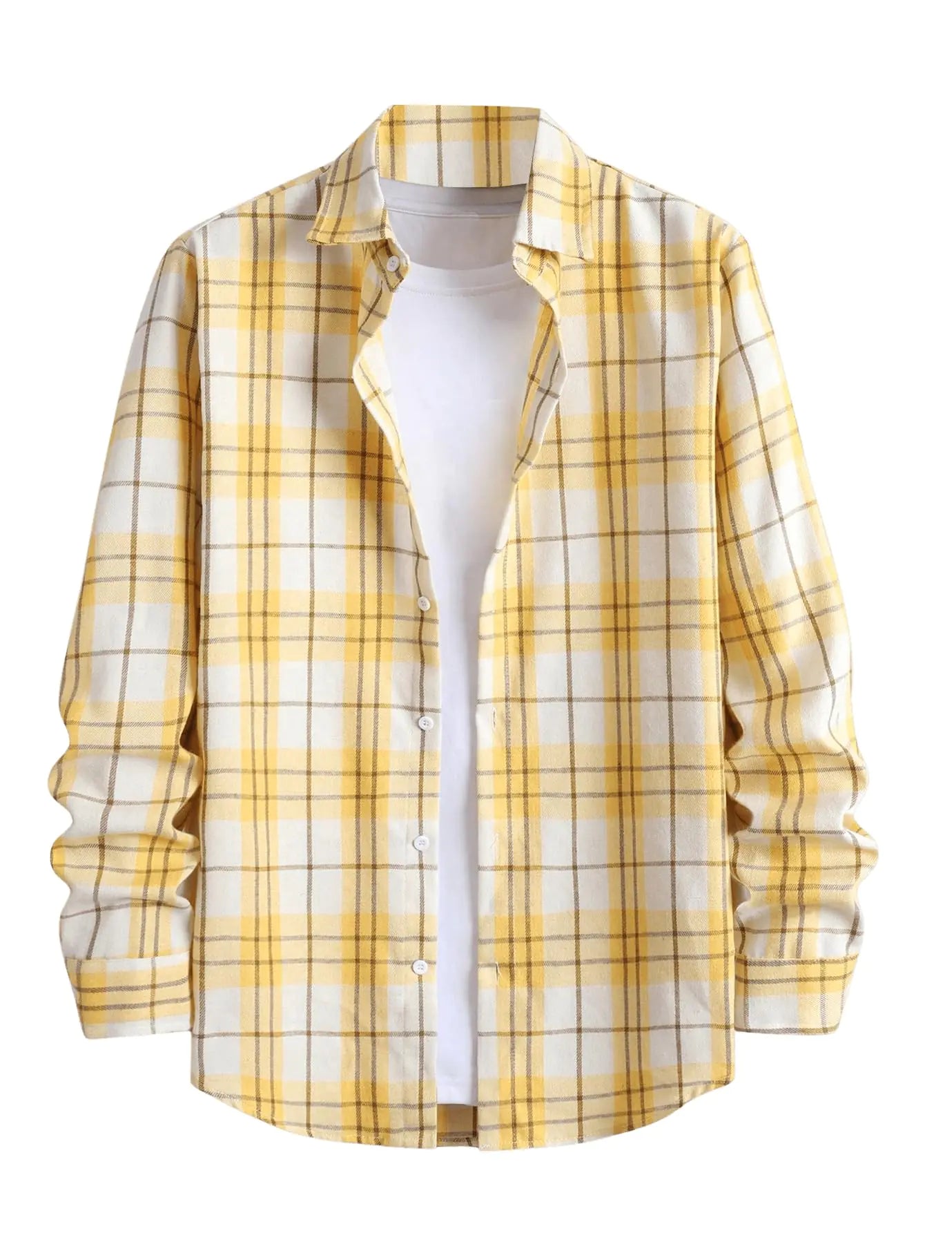 OYOANGLE Mens Plaid Button Down Shirts Fall Long Sleeve Collared Neck Casual Shirt Top Yellow Large