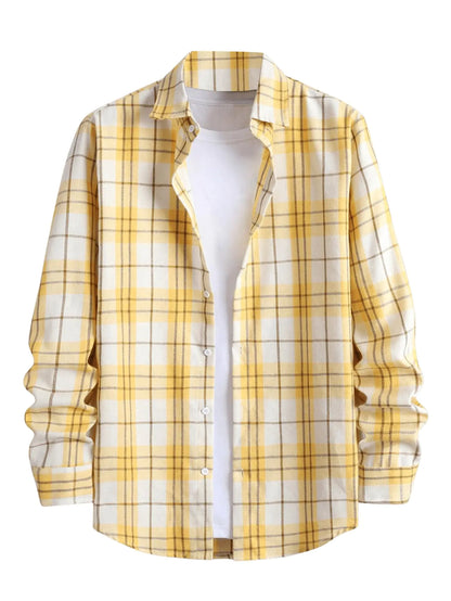 OYOANGLE Mens Plaid Button Down Shirts Fall Long Sleeve Collared Neck Casual Shirt Top Yellow Large