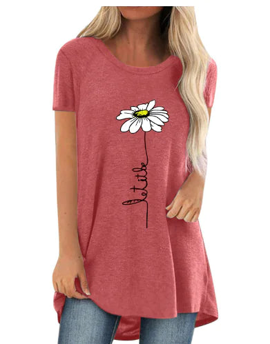 Embroidered Round Neck Chrysanthemum Print T-Shirt