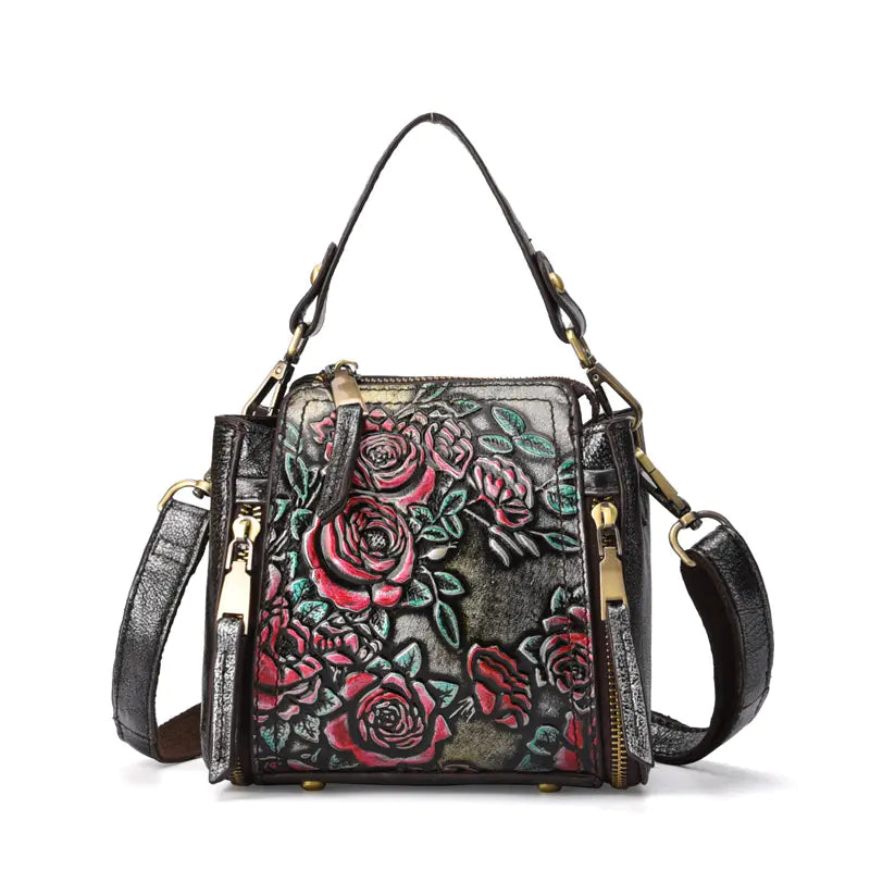 Stylish Vintage Leather Handbag with Floral Design