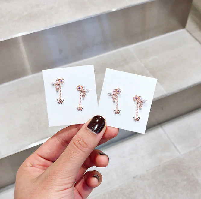 Pink Butterfly Rhinestone Elegant Earrings