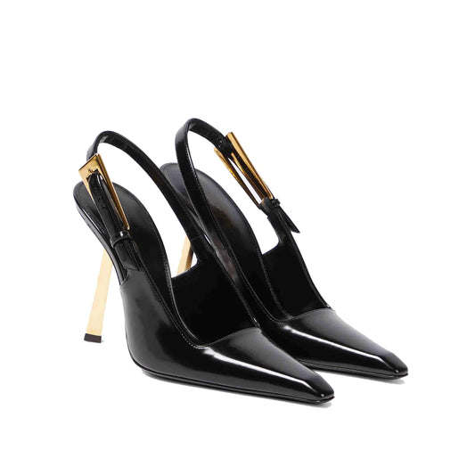 THESHY Womens Slingback Stiletto High Heels Square Toe Metal Buckle Pumps Backless Patent Leather Fashion Dress Shoes for Women Black
