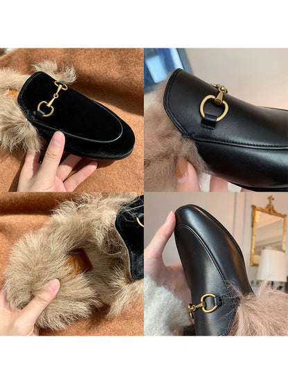 Fuzzy Flat Mule Shoes for Women - 2023 Autumn/Winter