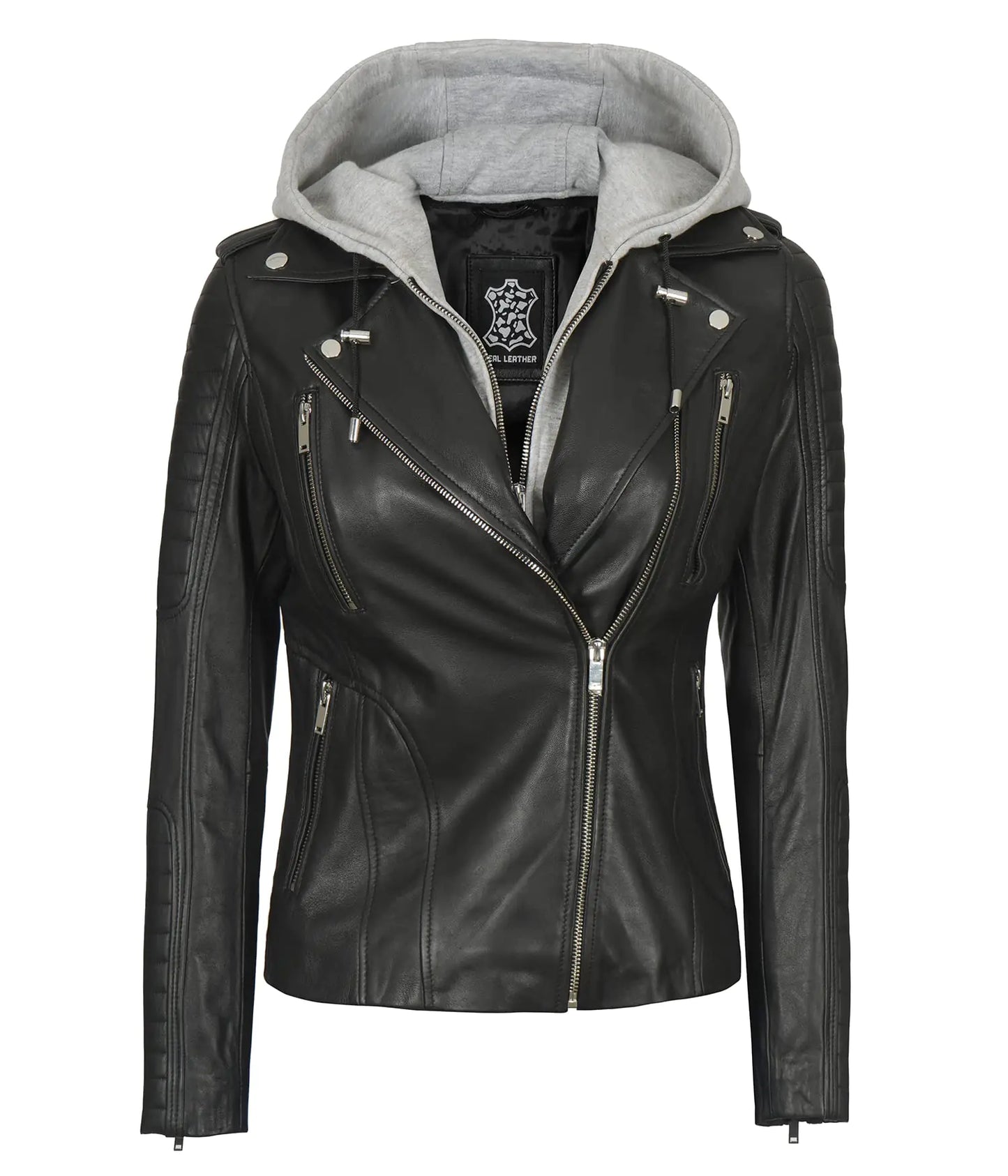 fjackets Leather Jackets For Women - Removable Hood Real Lambskin Bagheria Black Leather Jacket Women | [1303504] L