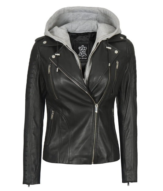 fjackets Leather Jackets For Women - Removable Hood Real Lambskin Bagheria Black Leather Jacket Women | [1303504] L
