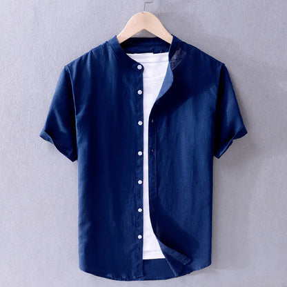 Men's Loose Linen Casual Shirt - Solid Color Beach Style