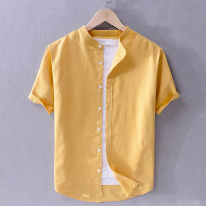 Men's Loose Linen Casual Shirt - Solid Color Beach Style