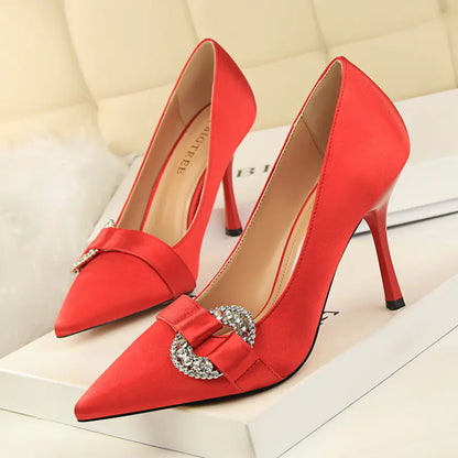 Satin Pointed Toe High Heel Shoes with Rhinestone Buckle