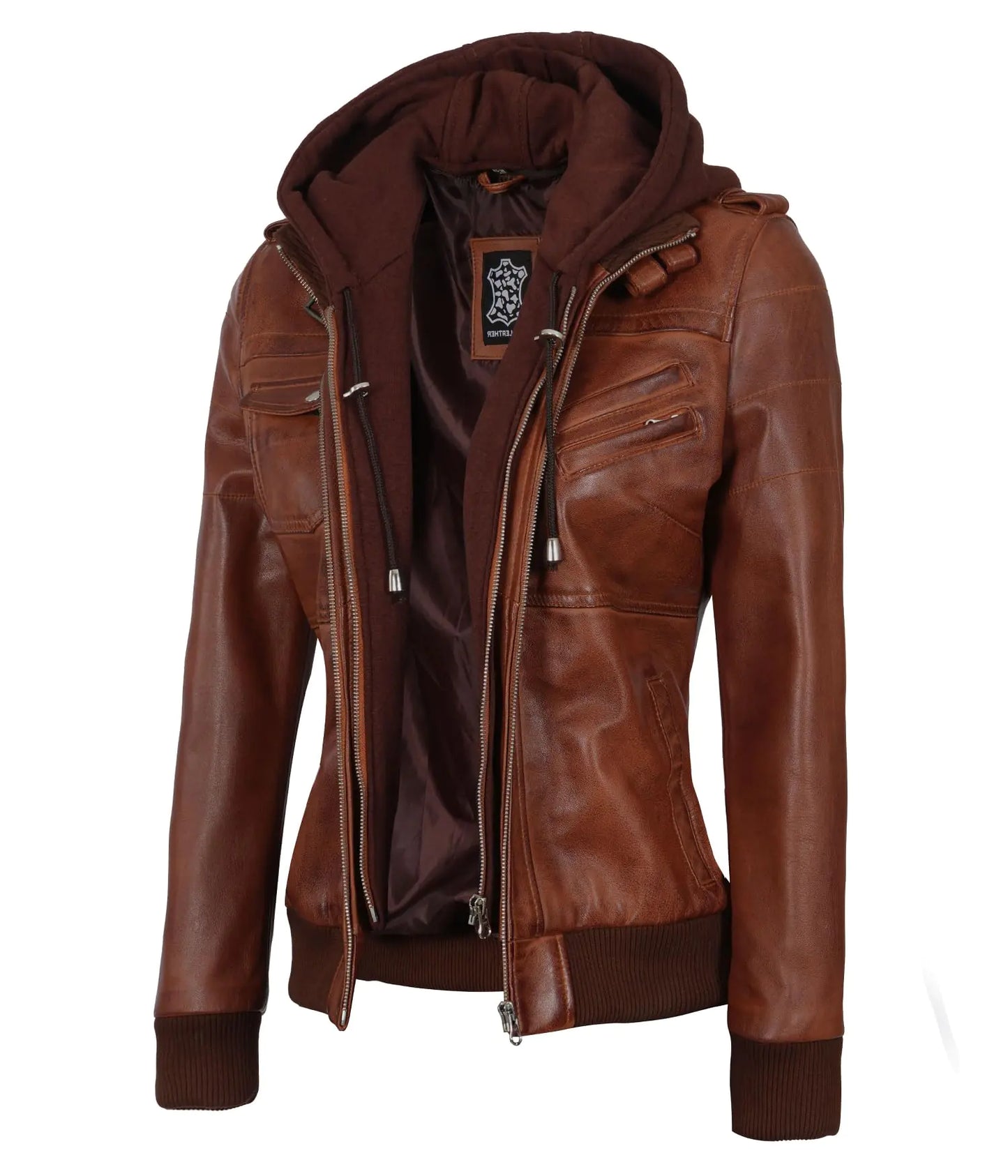 Blingsoul Hoodie Leather Jackets for Women | [1315015] Edinburgh Cognac (XL)