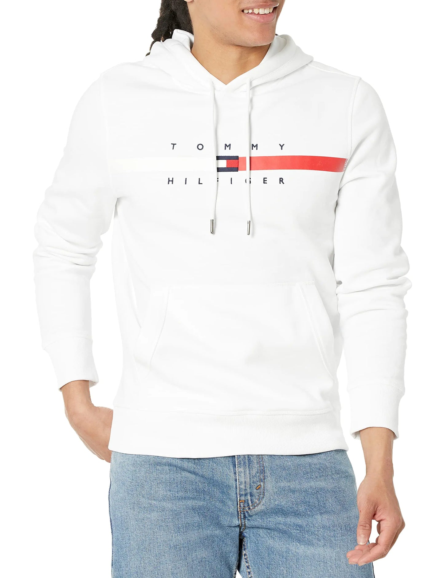 Tommy Hilfiger mens Flag Stripe Hoodie Hooded Sweatshirt Bright White Small US